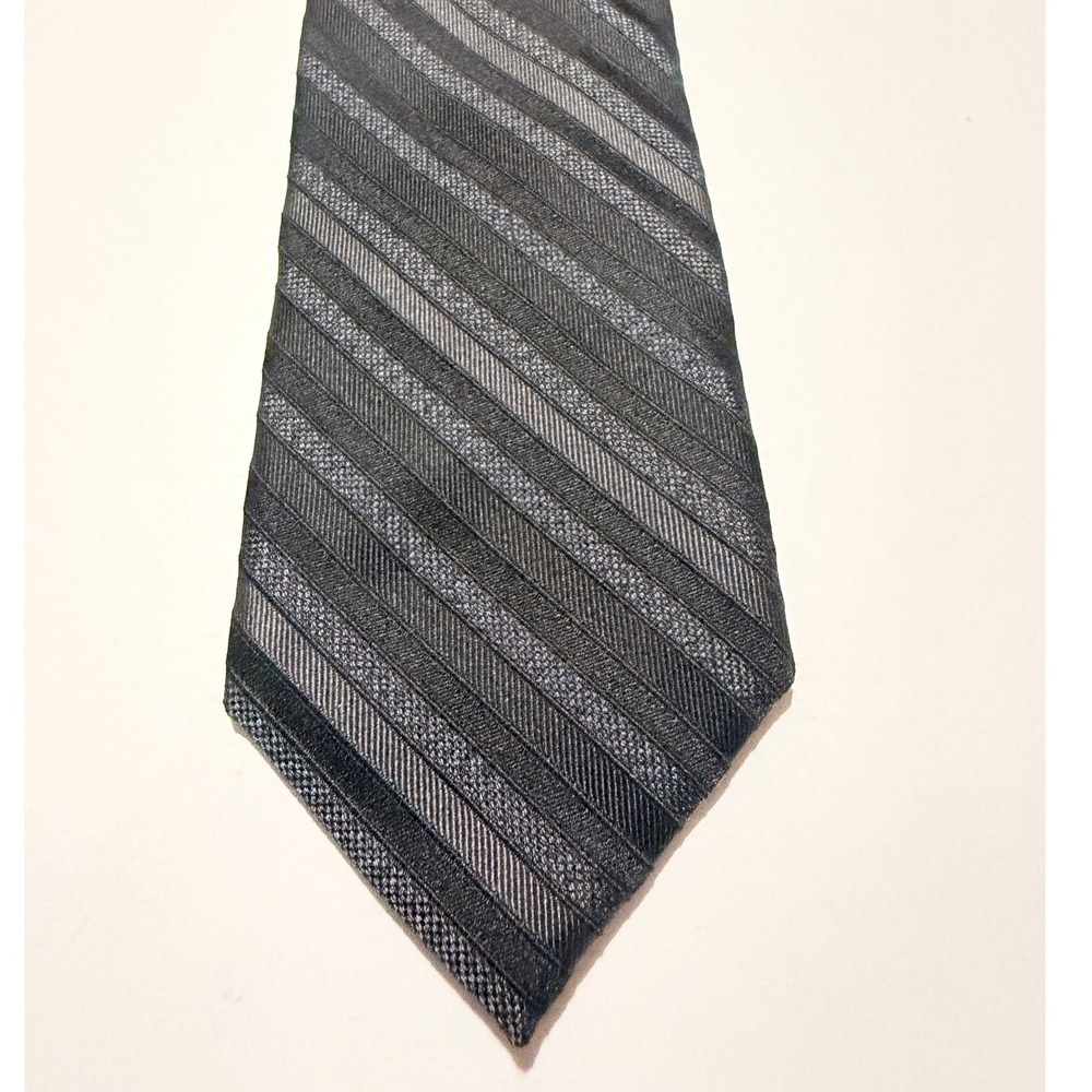 Calvin Klein Necktie Black Charcoal Grey Striped Silk Slim Modern Tie